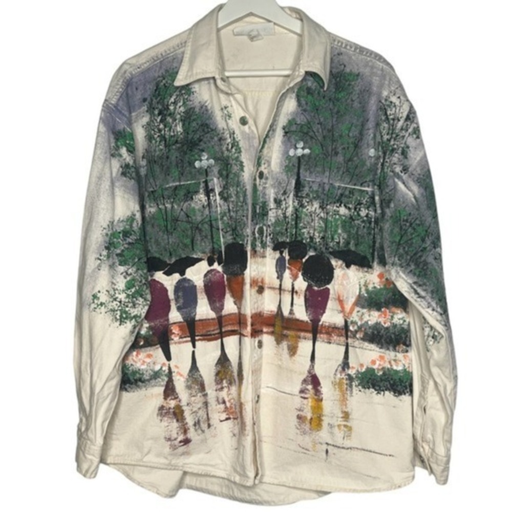 Marguerita Oversized Hand Painted‎ Off White Denim Shacket Top Size M